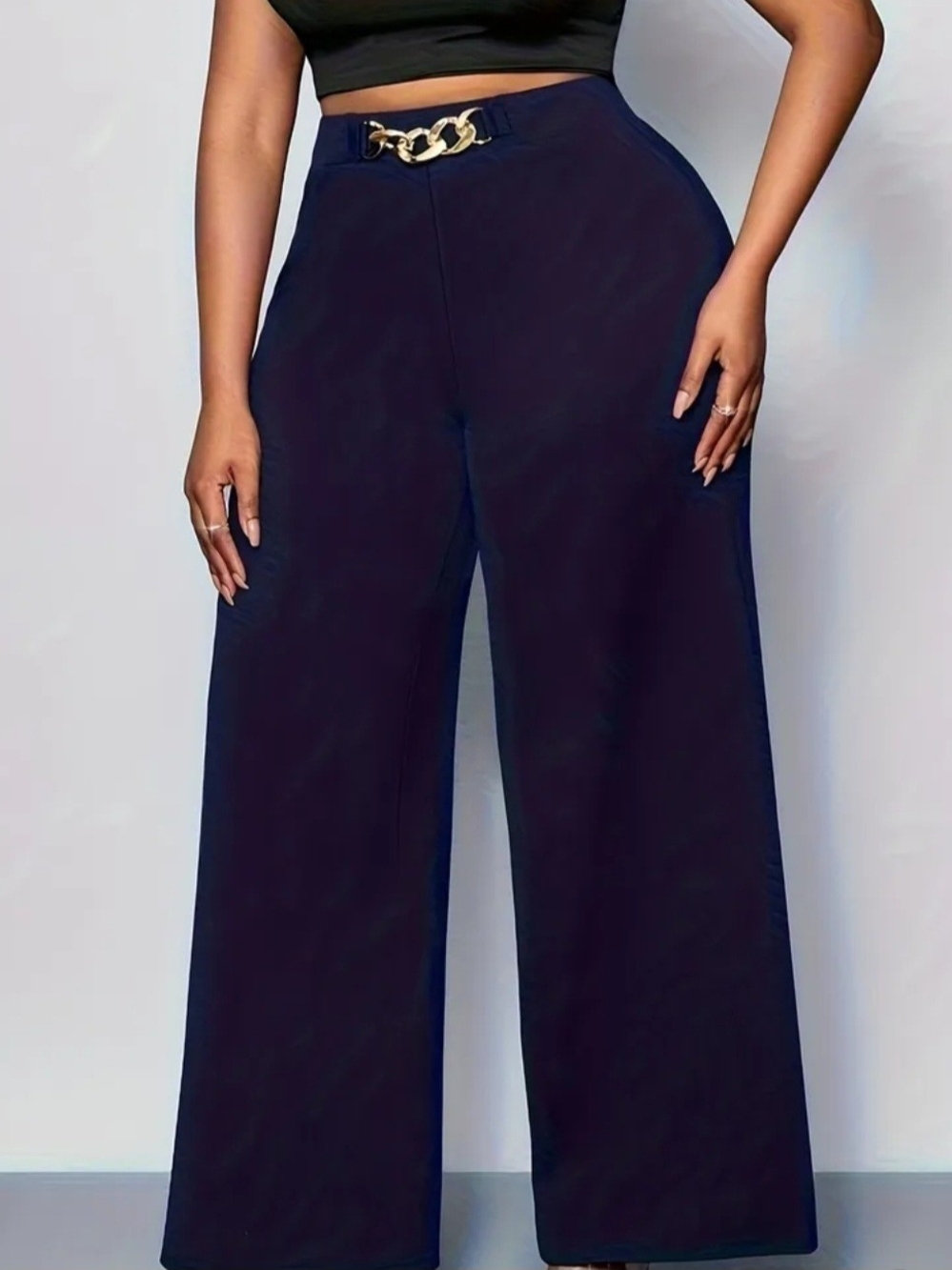 Wide Leg High-Waist Pants with Chain Detail - Black